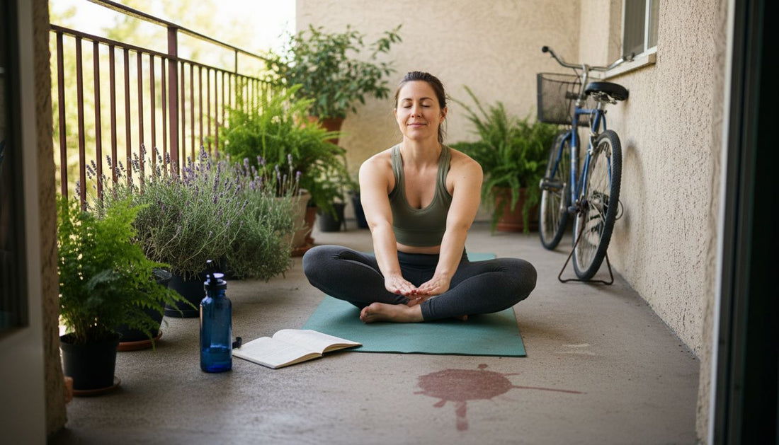 Woman morning wellness yoga balcony