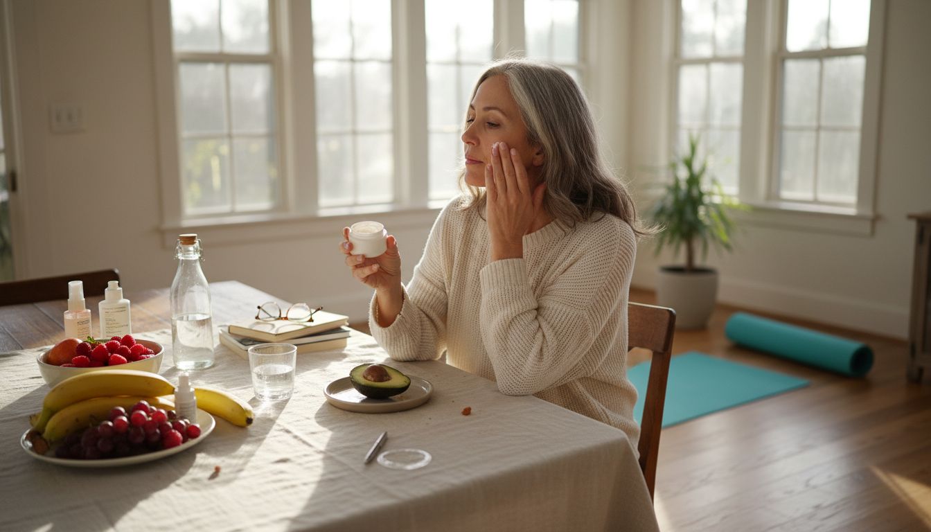 Woman practicing daily healthy beauty habits in sunny kitchen