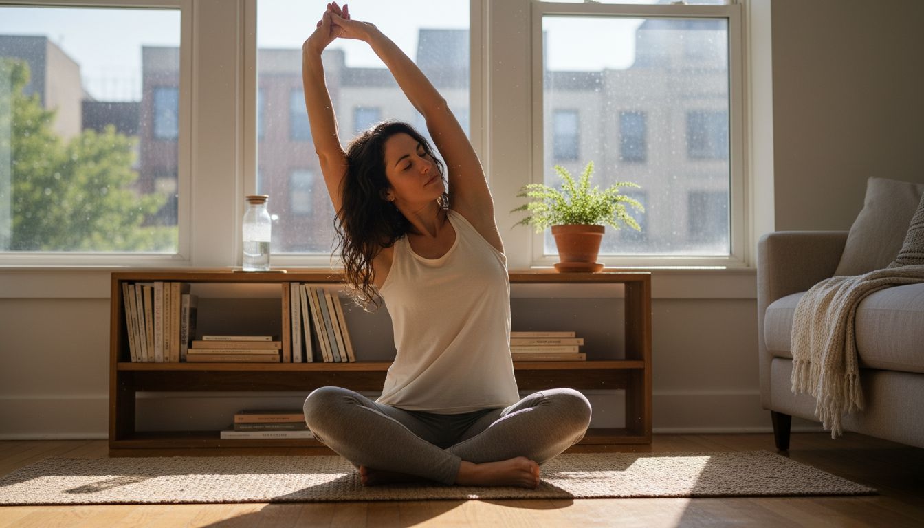 Woman practicing morning wellness routine