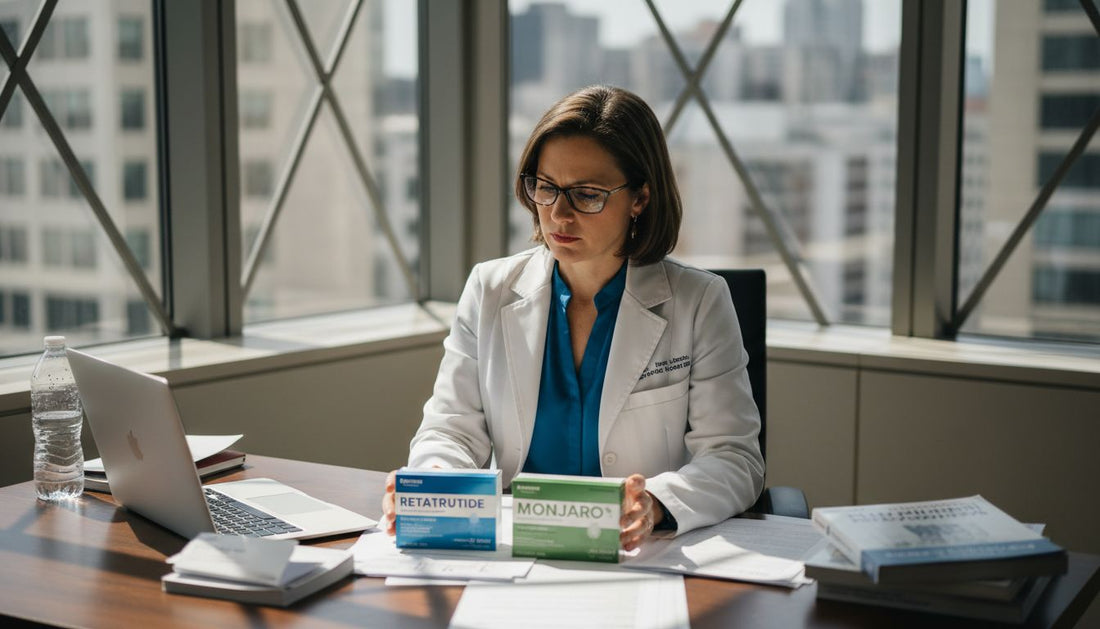 Doctor comparing Retatrutide and Monjaro at desk