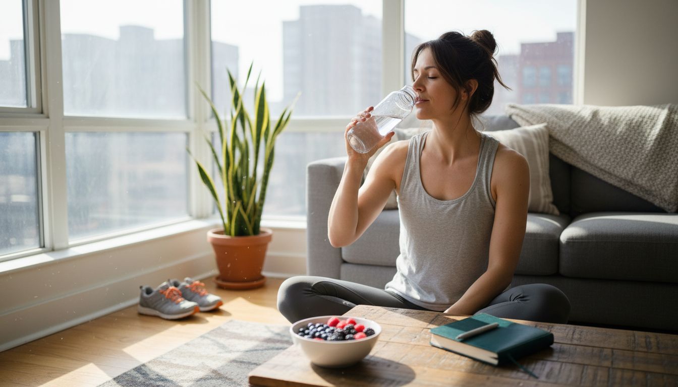 Woman enjoys balanced morning yoga and hydration