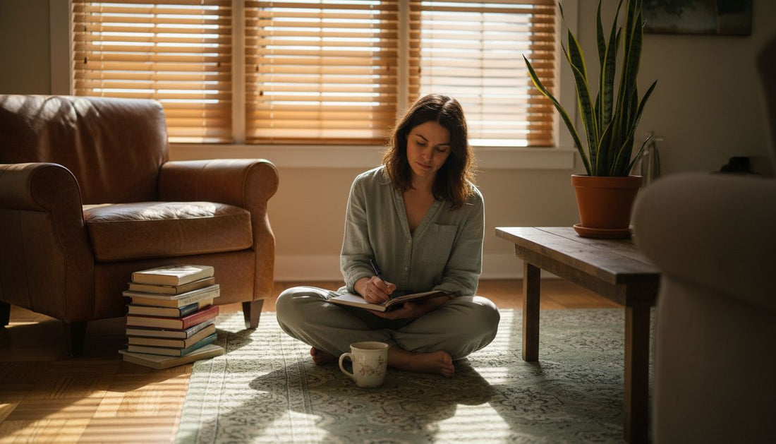 Woman journaling in bright morning living room