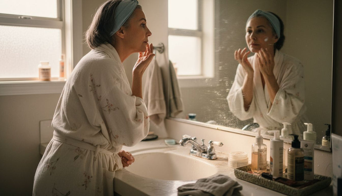 Woman applying skincare at morning vanity
