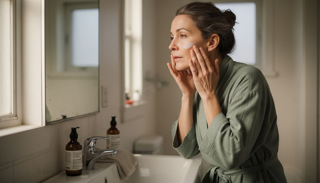 Mature woman practicing daily skincare at sink