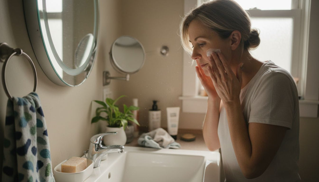 Woman applying moisturizer in sunlit bathroom