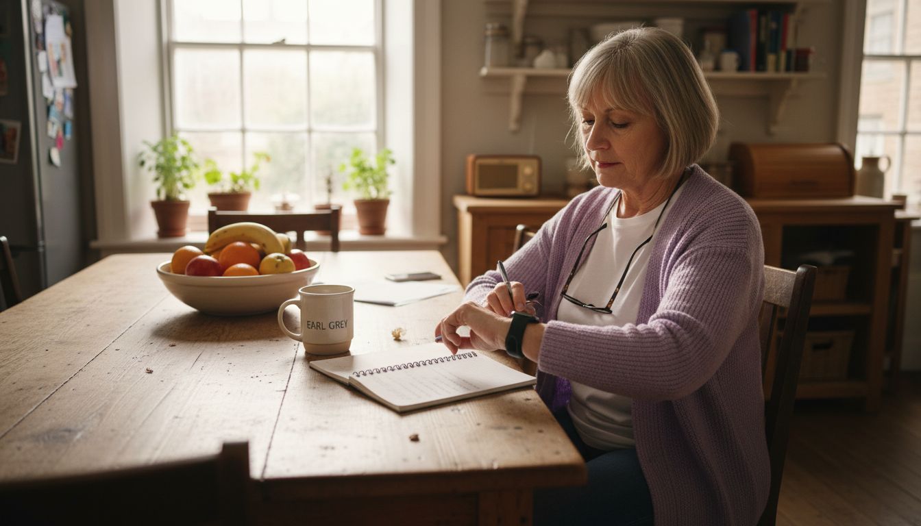 Mature woman checking wellness tracker at kitchen table