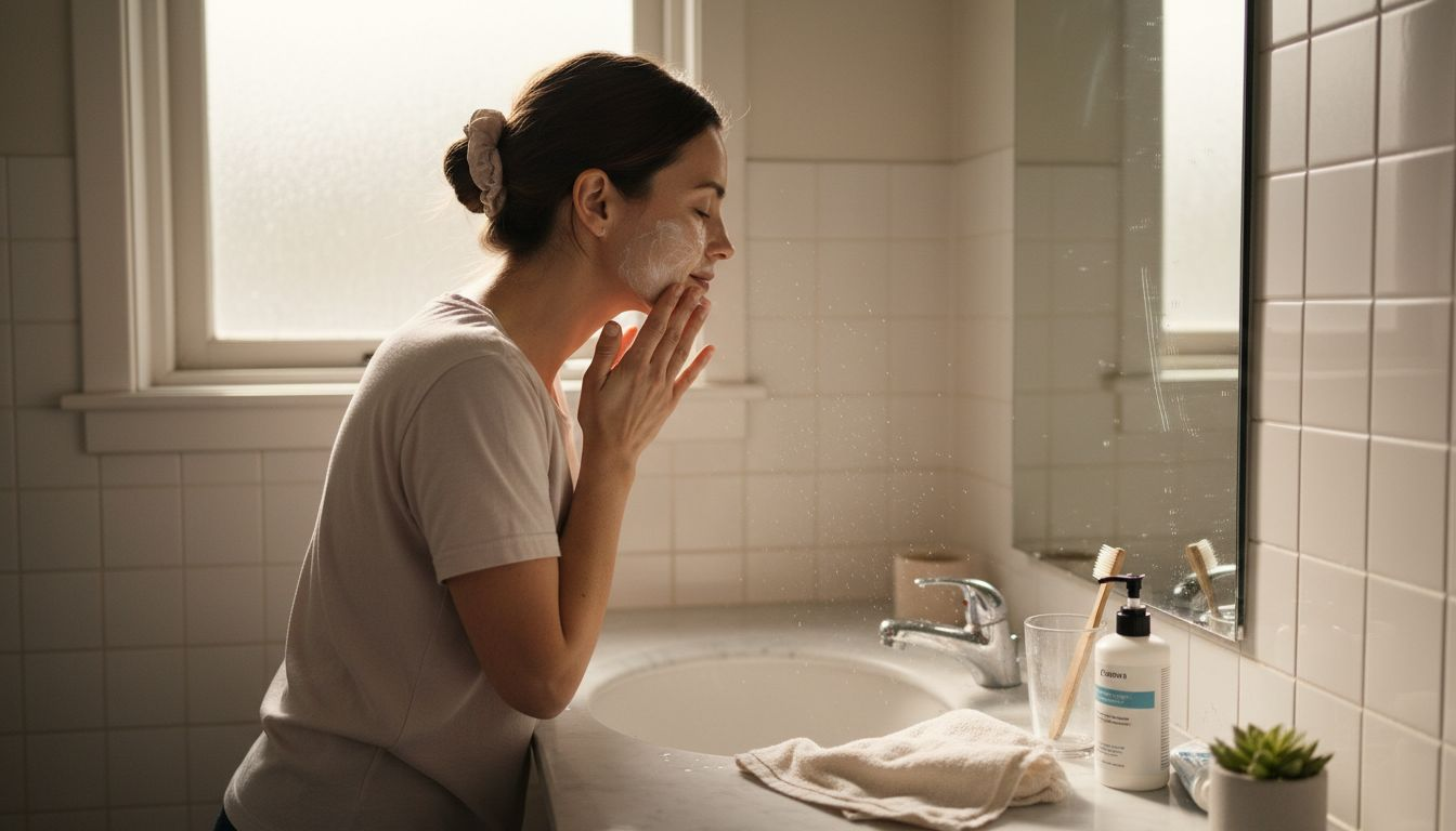 Woman gently cleanses face in bright bathroom