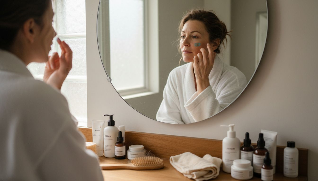 Woman applies serum at bathroom vanity