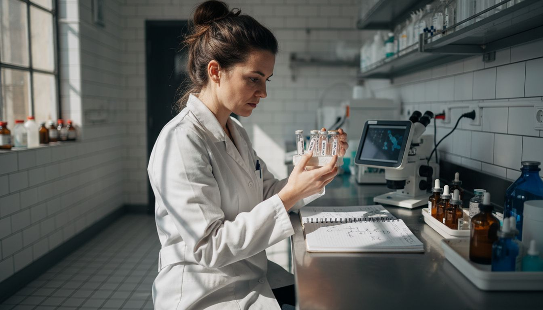 Scientist analyzing peptide samples in skincare lab