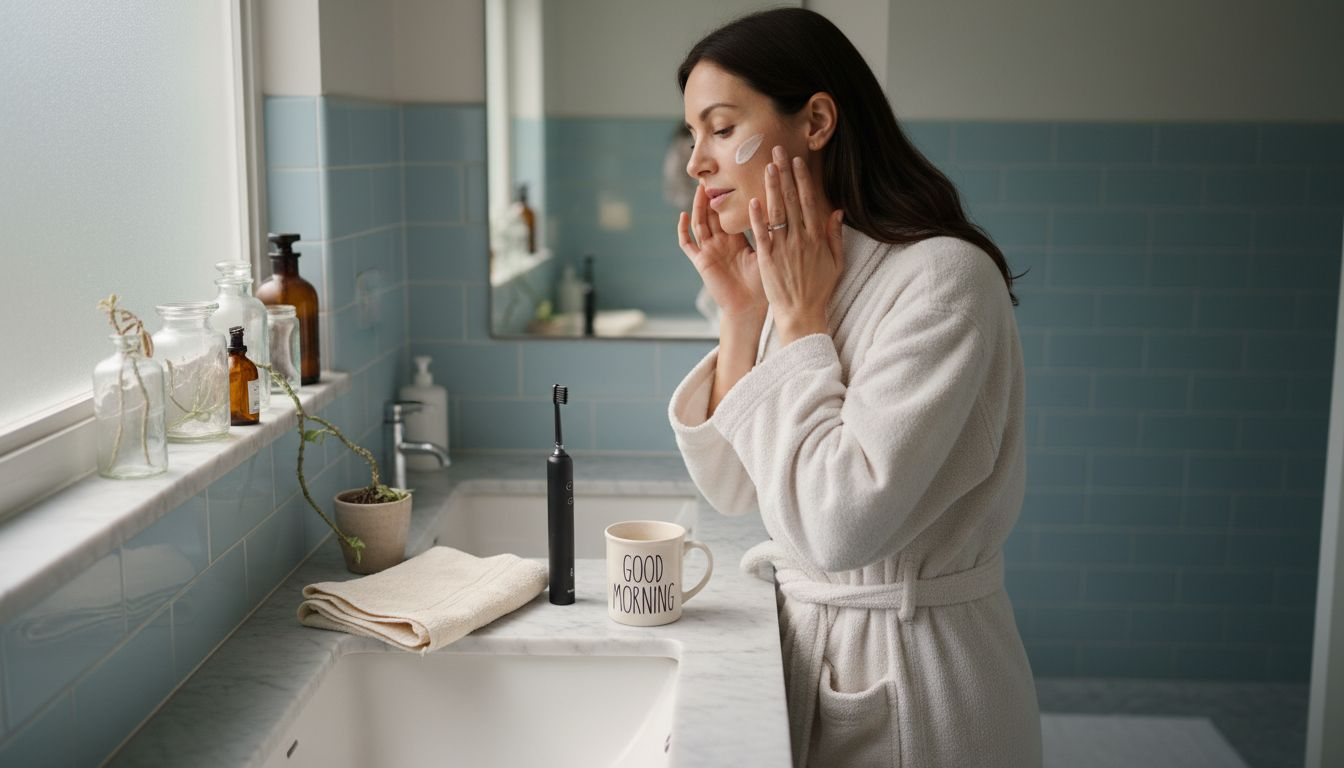 Woman applying skincare at bathroom sink