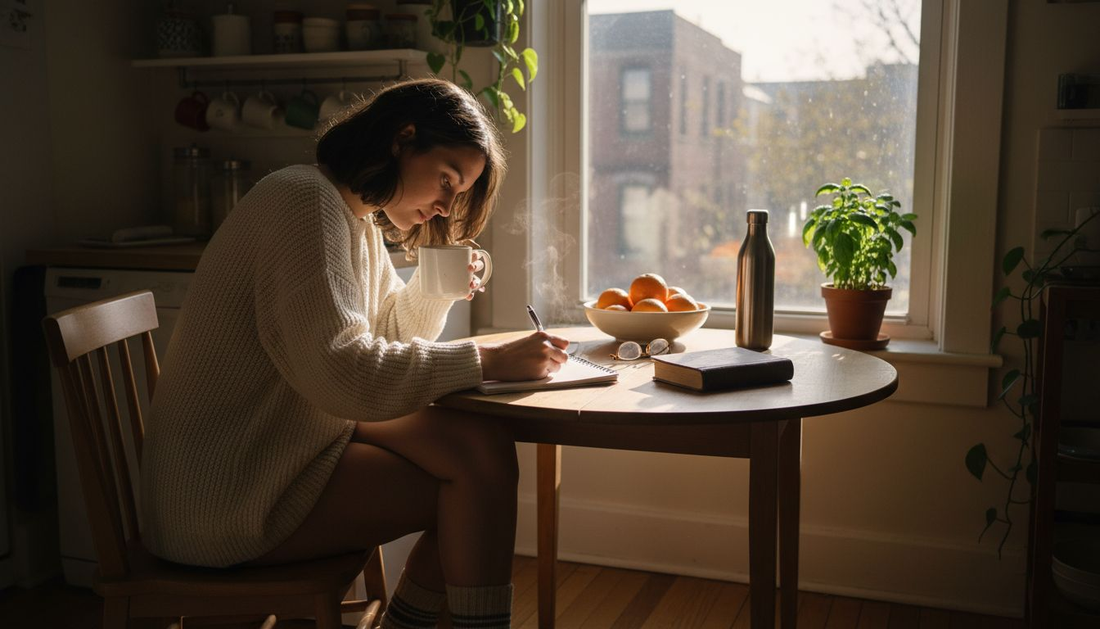 Woman journaling during morning wellness routine