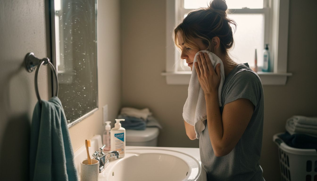 Woman completing morning facial cleansing routine