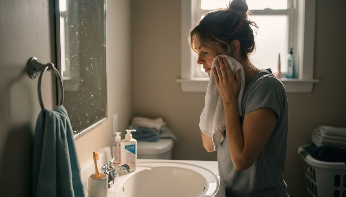 Woman completing morning facial cleansing routine