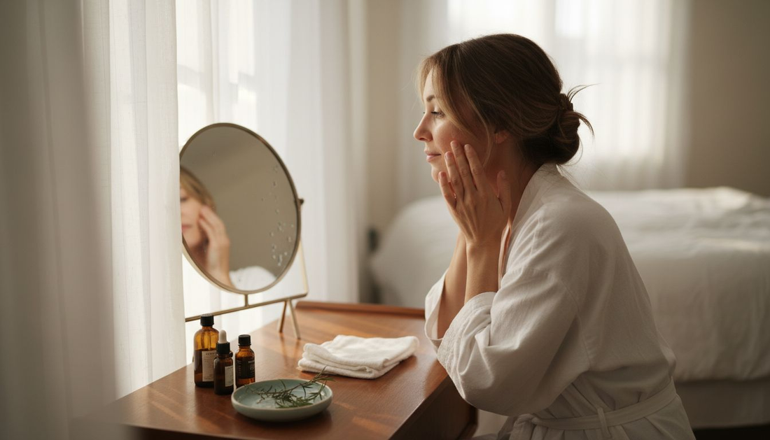 Woman starts morning peptide skincare ritual