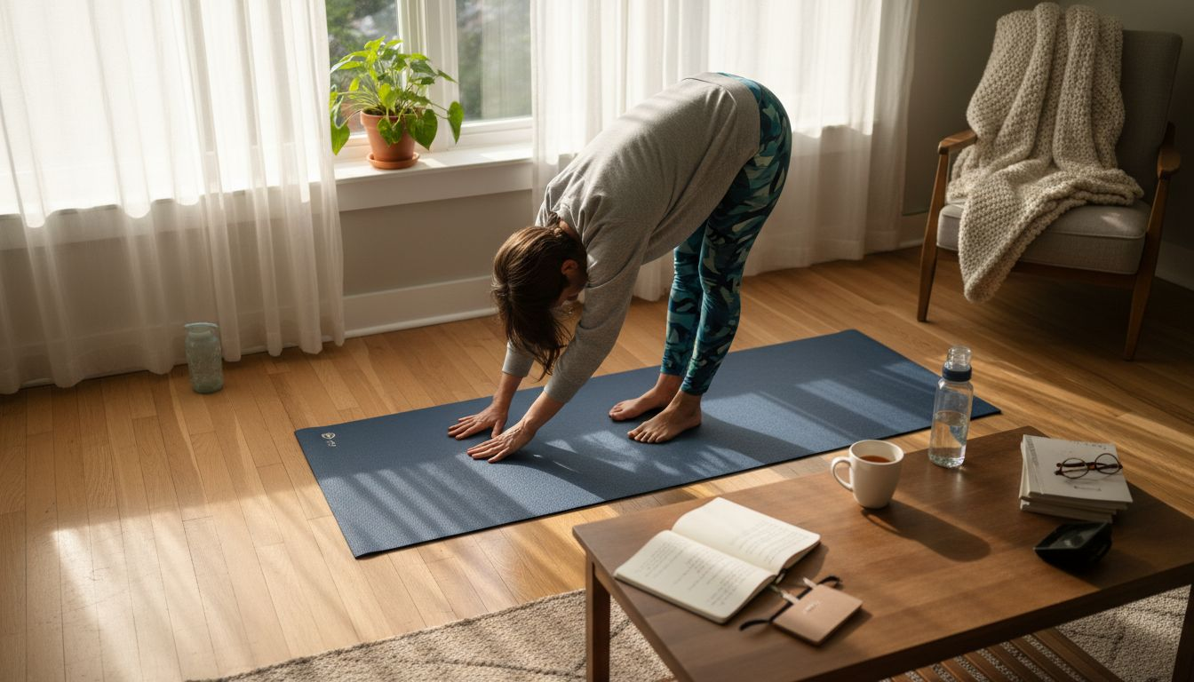 Woman stretching during home wellness routine