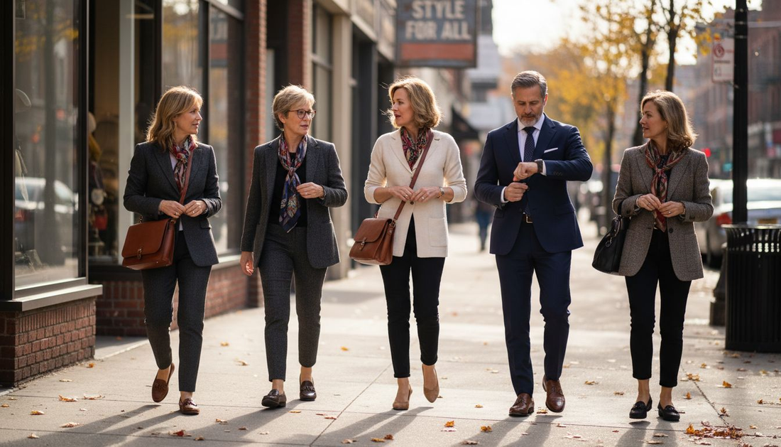 Diverse group in timeless fashion walking city street