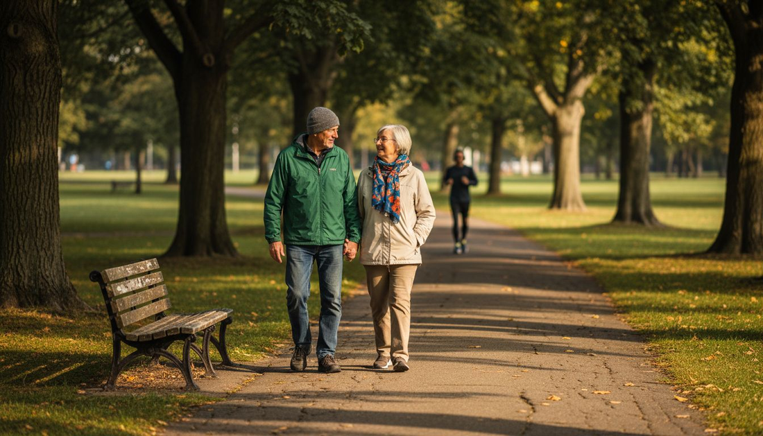 Senior couple walking outdoors in a park