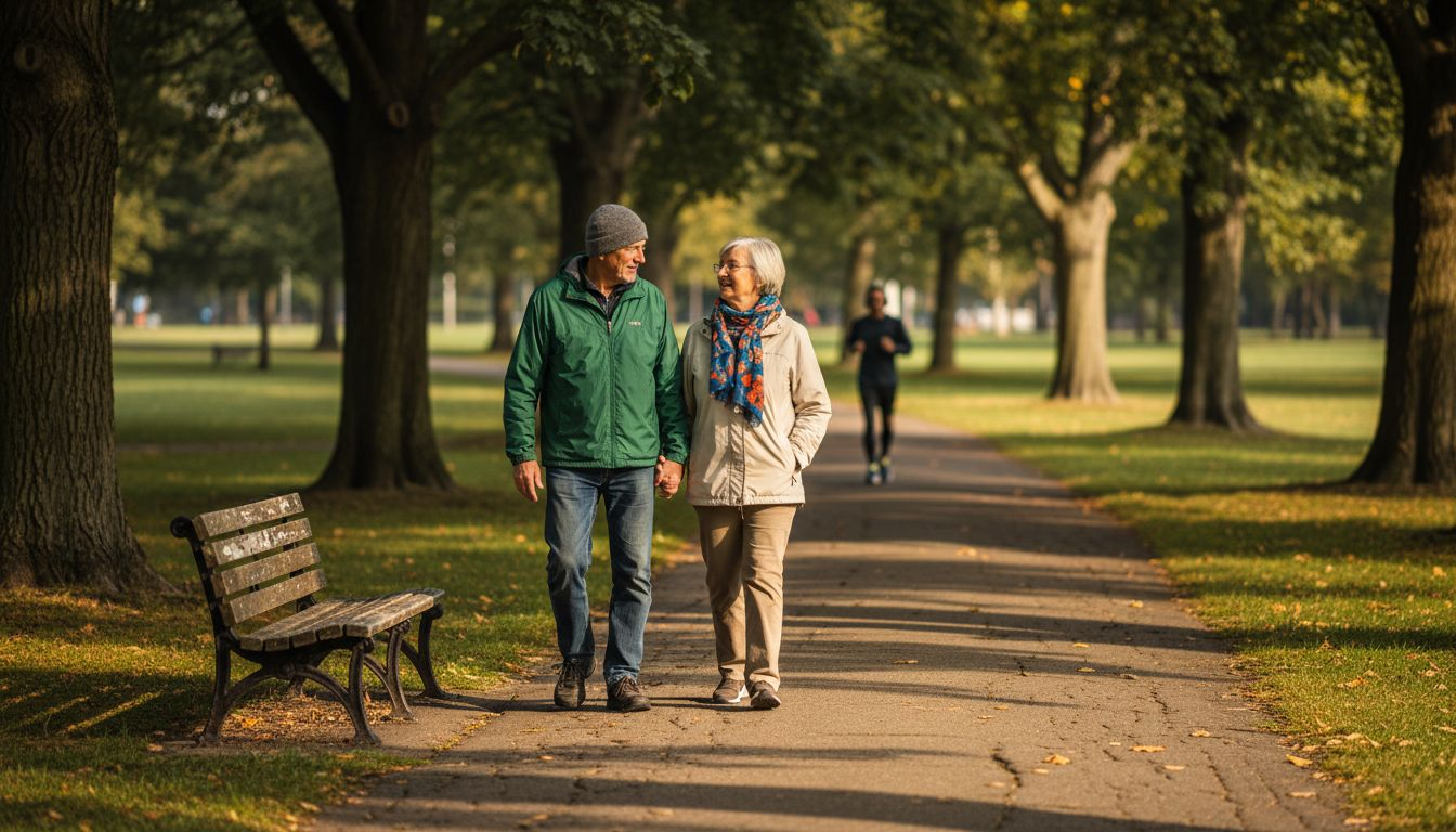 Senior couple walking outdoors in a park