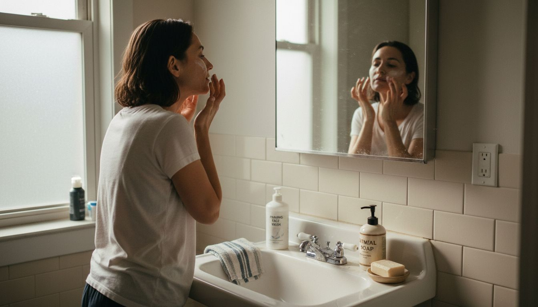 Woman applying skincare in morning light