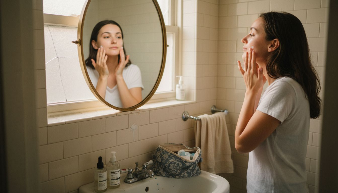 Woman applying skincare in sunlit bathroom