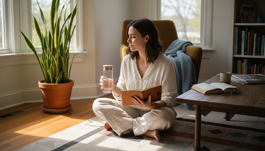 Woman starts morning wellness routine in bright living room