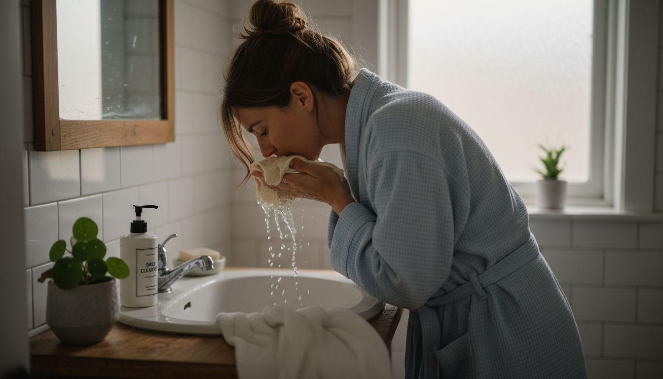 Woman gently washing face during morning routine