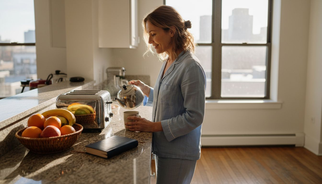 Confident woman starts day with mindful habit