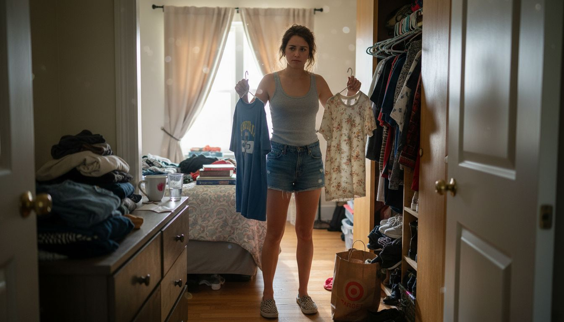 Woman deciding in front of full wardrobe