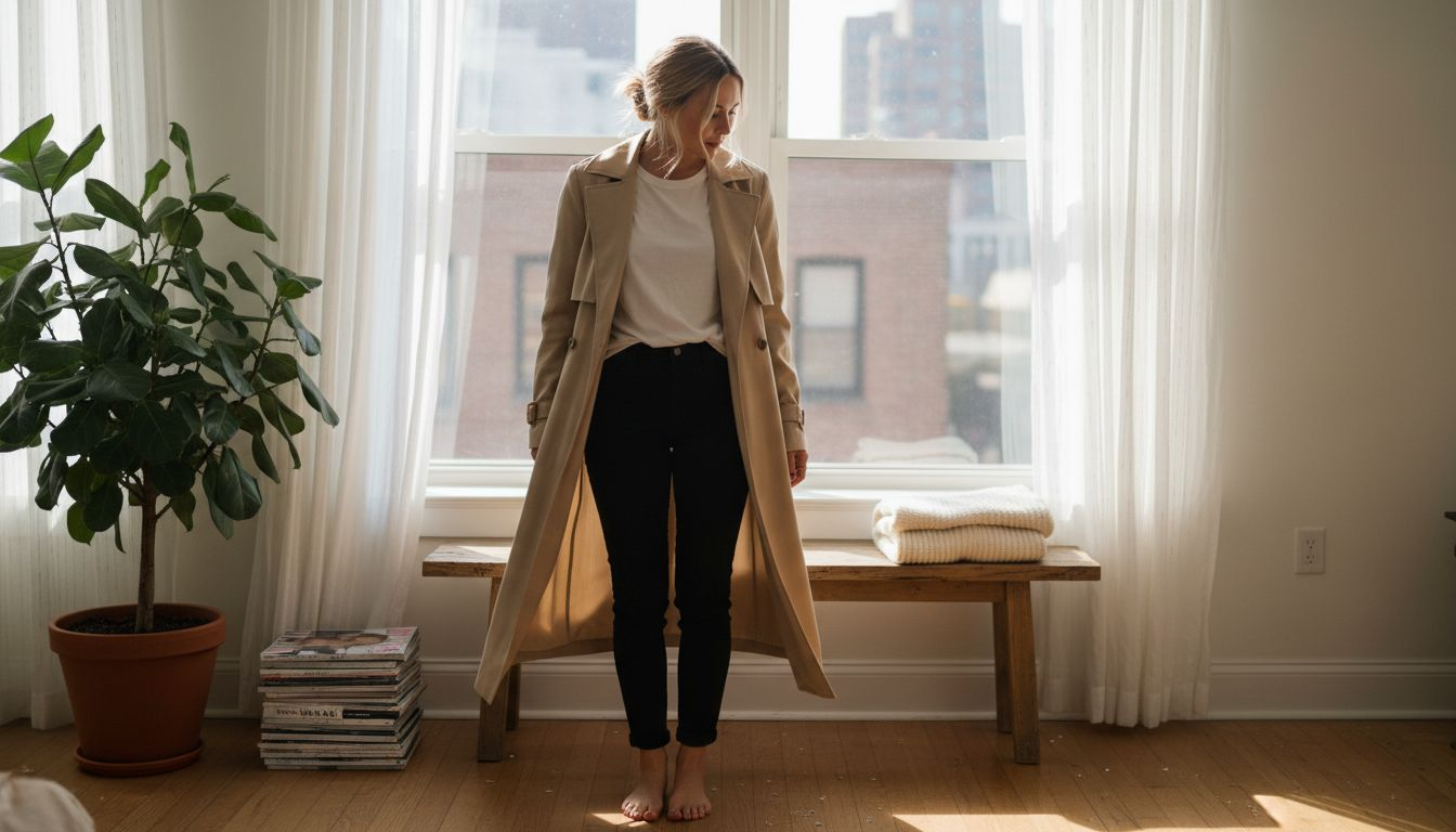 Confident woman in minimalist fashion at home