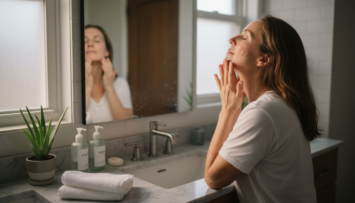 Woman applying serum in morning bathroom