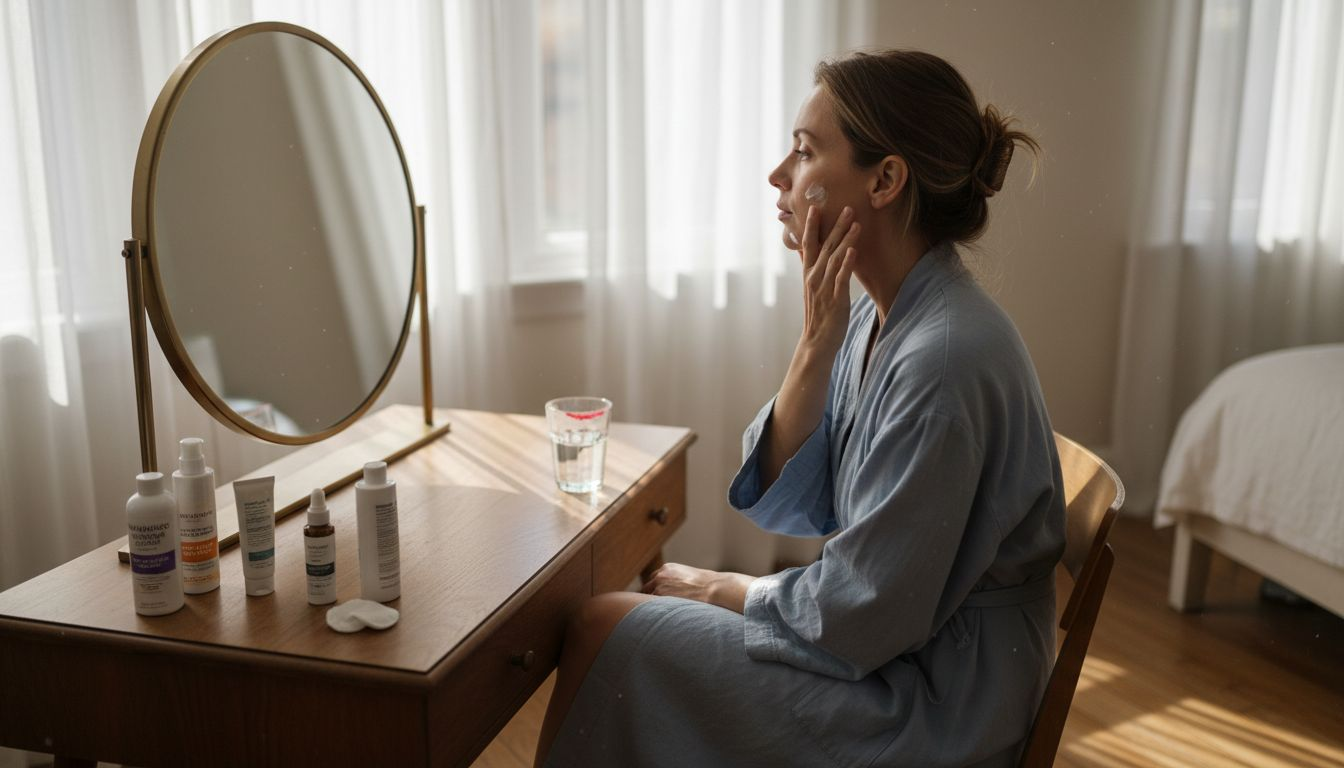 Woman applies moisturizer in sunlit bedroom