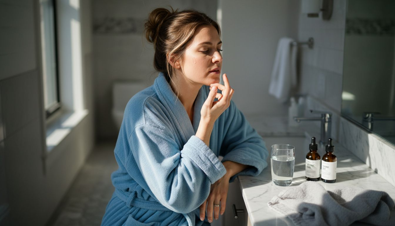 Woman applying peptide serum at vanity