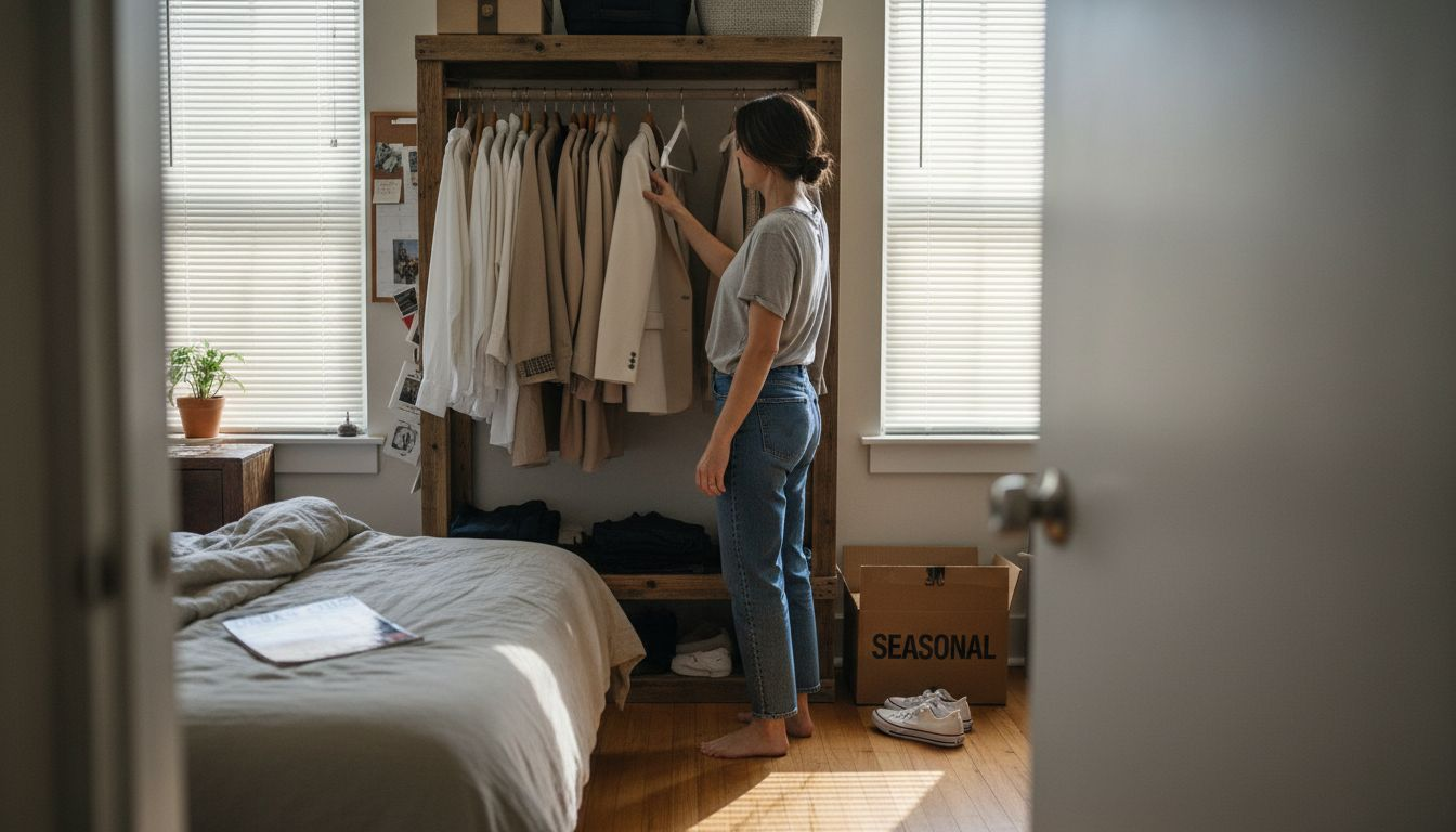 Woman picking clothes in minimalist closet