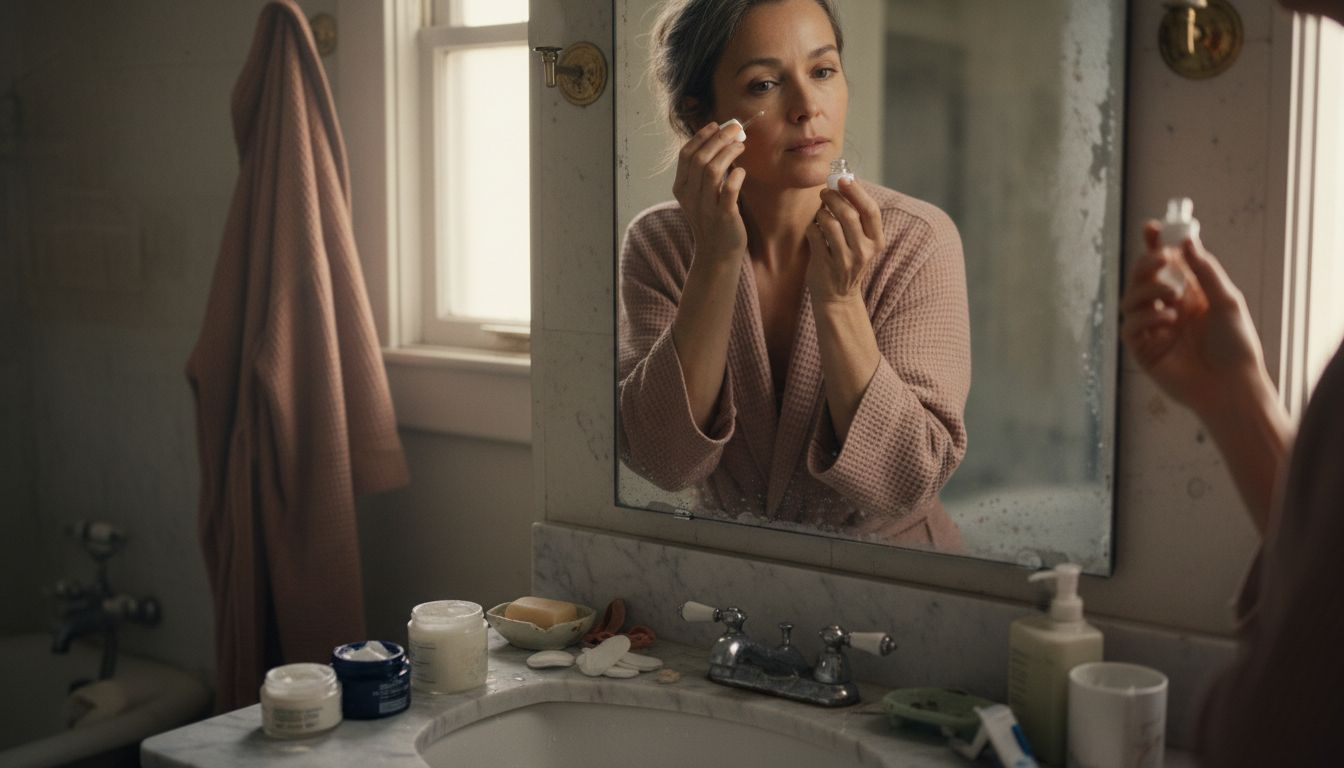 Woman performing morning skincare at vintage sink