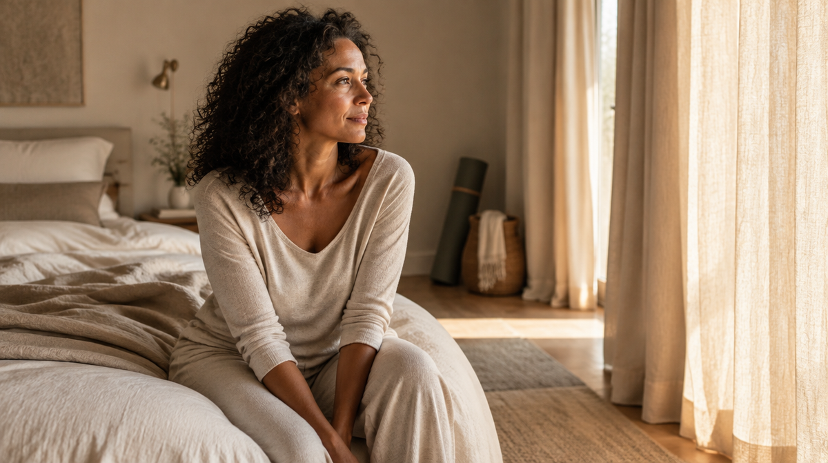 Athletic midlife woman in a warm beige bedroom reflecting on interrupted sleep during menopause