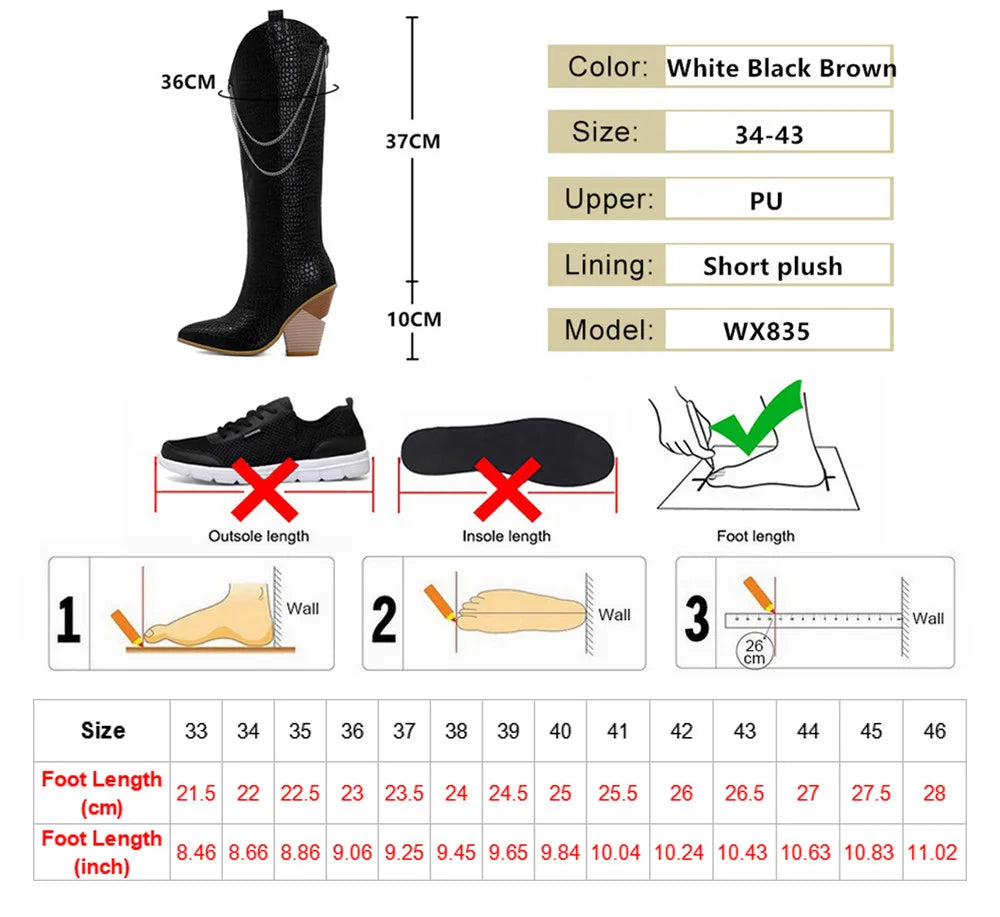 Women Knee High Boots Western Cowboy Boots for Women Long Winter Boots Chain Zip Pointed Toe Cowgirl Wedges Boots Black White