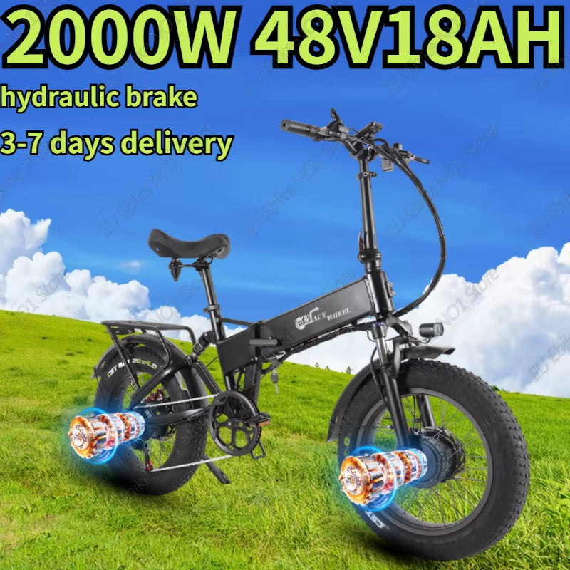 E Bike Folding 2000W Dual Motor 48V18AH Hydraulic Brake Electric Bicycle Mountain Snow Adult 20*4.0 Inch Fat Tire Electric Bike