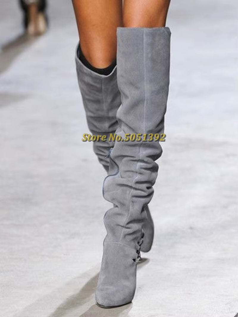 Slouchy Knee High Boots Suede Wedges Height Increase Slip on Winter Boots Outfit Pointed Toe Comfy Winter Boots Pleated Ladies