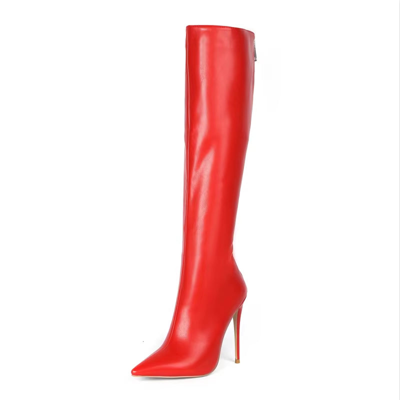Women Riding Boots 12Cm Thin Heel Fur Boots Back Zipper Knee High Red Boots Handmade Customize Women Shoes Winter Long Boots New
