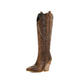 Women Knee High Boots Western Cowboy Boots for Women Long Winter Boots Chain Zip Pointed Toe Cowgirl Wedges Boots Black White