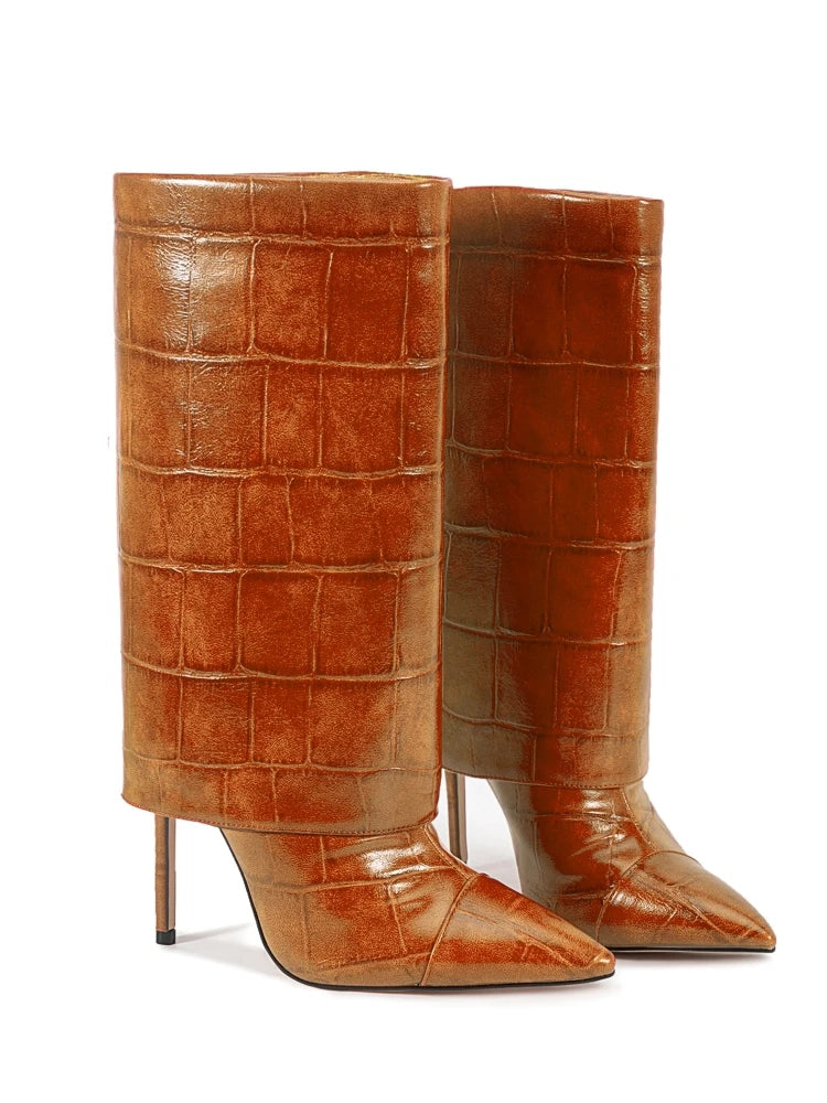 2025 Autumn Winter Women's Pointed Toe Stiletto High Heels Skirt Boots with Big Stone Marble Vein Pattern for Night Out Party