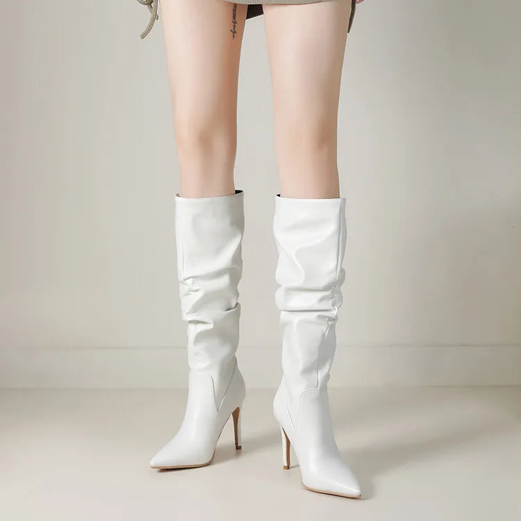 New Black Brown Pleated Lazy Long Boots European American Style 10cm High-heeled Pointed Autumn Winter Women Knee High Boots 43