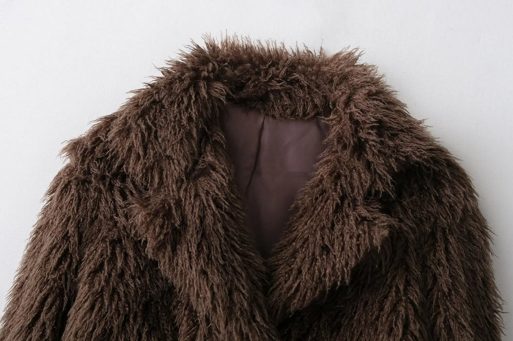 Women Elegant Faux Fur Coat Warm Fluffy Loose Long Sleeve Lapel Jacket Autumn Winter Fashion High Street Lady Outerwear