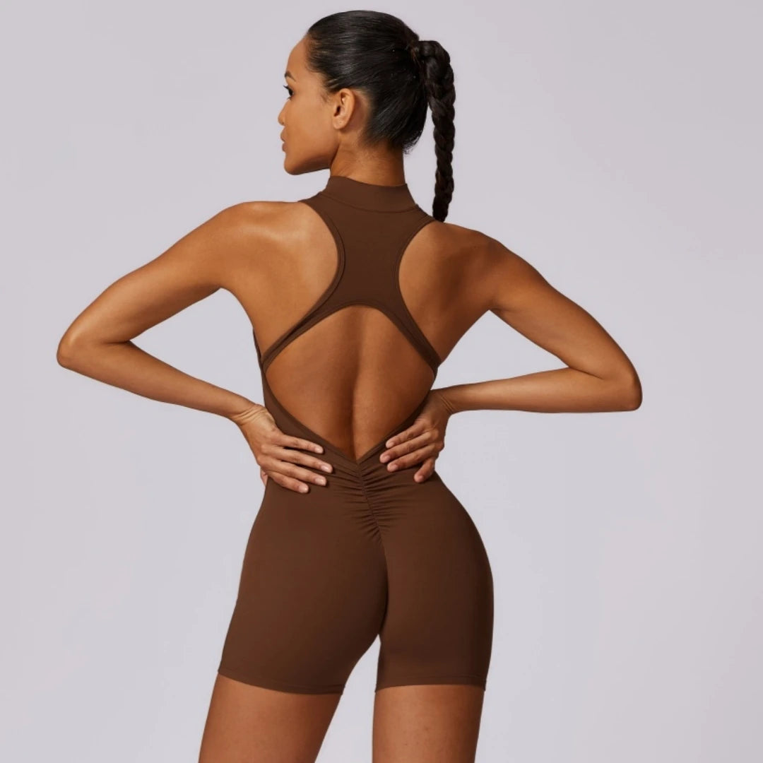 ES LIFESTYLE Solid Soft Backless Back Waist Scrunch Yoga Jumpsuit Short Set Women Zipper Sportswear Fitness One Piece Sports Suit Workout