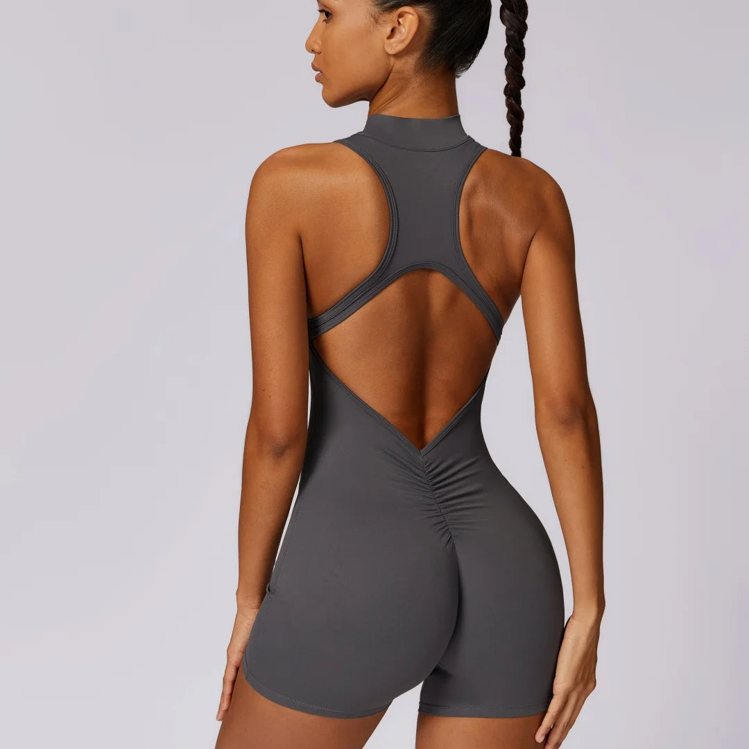 ES LIFESTYLE Solid Soft Backless Back Waist Scrunch Yoga Jumpsuit Short Set Women Zipper Sportswear Fitness One Piece Sports Suit Workout