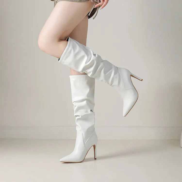 New Black Brown Pleated Lazy Long Boots European American Style 10cm High-heeled Pointed Autumn Winter Women Knee High Boots 43