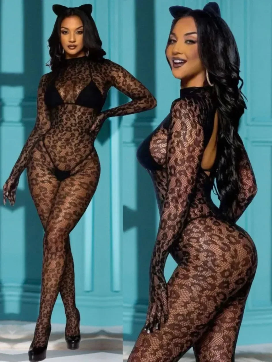 Sexy Leopard Bodysuit Women Lingerie Babydoll Underwear Chemises Exotic Apparelt Costumes Sexy Body Stocking Fishnet Bodysuit