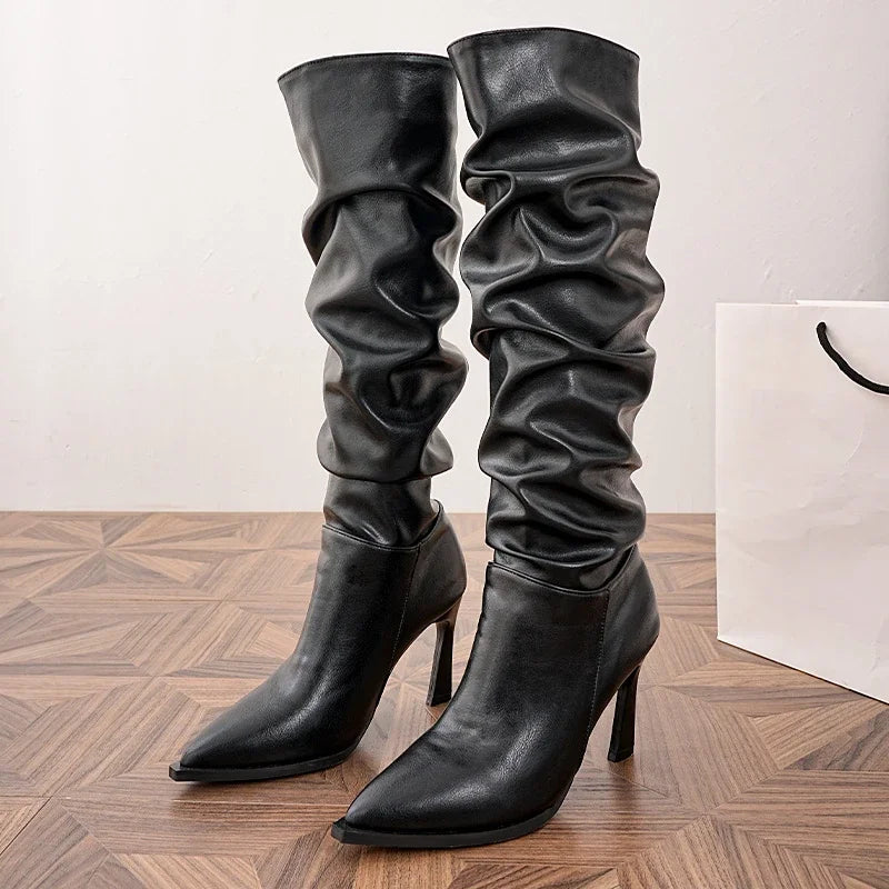 High Heel Pointed Toe Stack Boots Slim Heel Tall Boots for Women Europe and America
