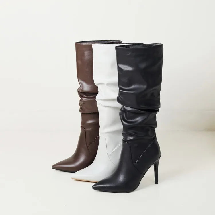New Black Brown Pleated Lazy Long Boots European American Style 10cm High-heeled Pointed Autumn Winter Women Knee High Boots 43