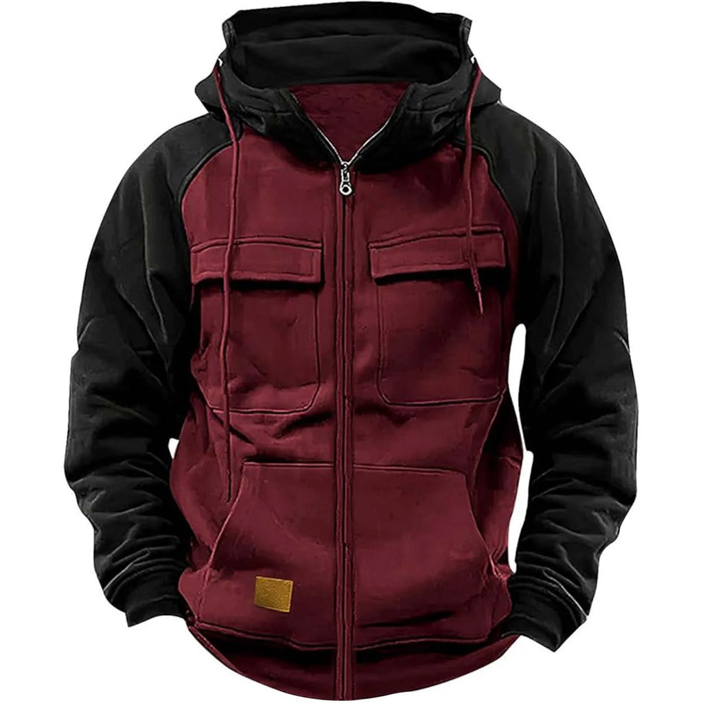 EMILY SANDERS Winter Hoodies Men Zipper Patchwork Warm Fleece Sweatshirts Multi Pockets Male Fashion Hooded Jacket Thick Outdoor Hoodie